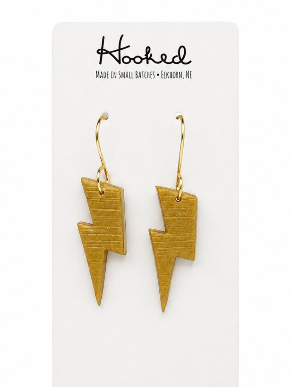 Hooked Gold Lightning Bolt Dangle Earrings NWT Handmade Elkhorn NE
